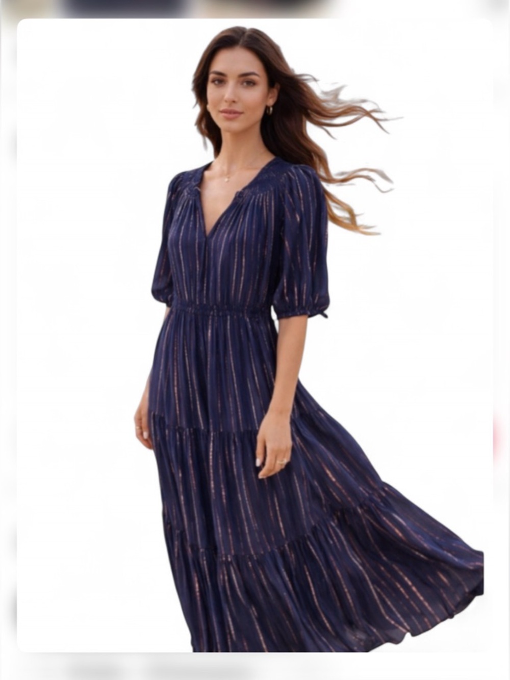 Crown & Ivy sz Small Navy Metallic-Stripe Tiered Dress boho indie cottagecore